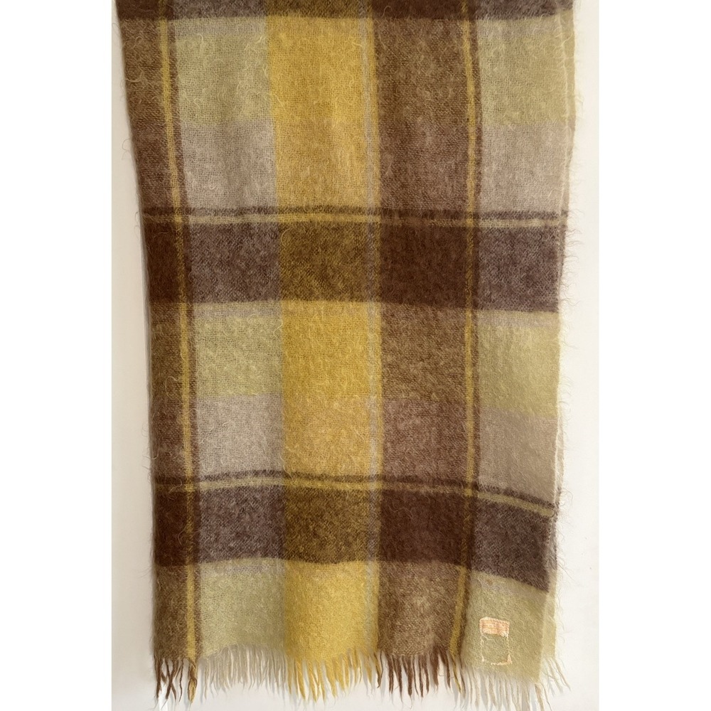 Vintage Hudson's Bay Company Mohair Wool Blanket Scotland 66"x50" Gold Plaid HBC